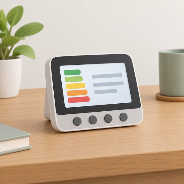 A single in-home display shown on its own on a table, a small handheld unit with a plain screen showing simple colour bands and blank line blocks, and a row of buttons along its lower edge, with no meter or other equipment present.