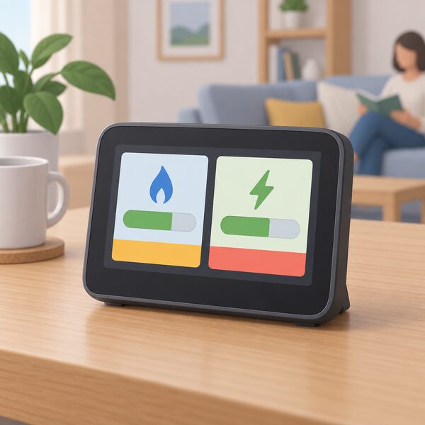 A close-up of an in-home display on a table in prepay mode, its screen showing two plain colour-banded balance panels, one for gas and one for electricity, with a low-credit alert band, drawn as a physical device with no readable figures.