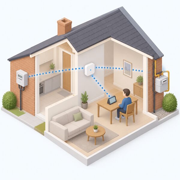 A cutaway isometric view of a home showing a communications hub on an inside wall with dotted wireless links radiating to the electricity smart meter and gas meter at the meter positions and to an in-home display on a table, all connected in one mesh network.