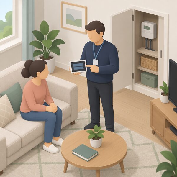 A supplier engineer in plain clothing stands in a home living room beside a seated householder, holding a new in-home display and pointing at its blank screen while demonstrating it, with the household's existing smart electricity meter visible in a background cupboard, meters untouched.