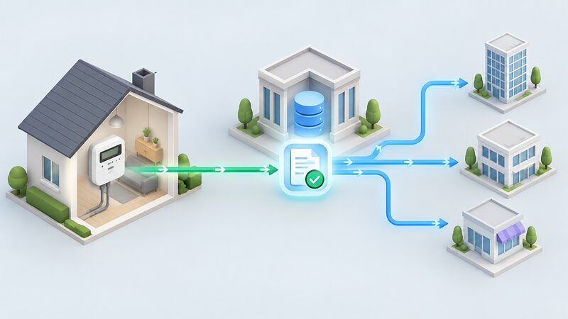 A simplified diagram-style scene showing a house with a smart meter, a central consent record held by an industry body, and third party services whose requests for data pass through the consent mechanism between them.