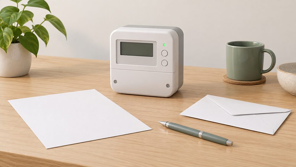 A small domestic smart electricity meter with its digital display sits on a plain tabletop beside a blank consent form, a sealed envelope and a pen, representing a household giving or withdrawing permission for a third party to use its energy data.