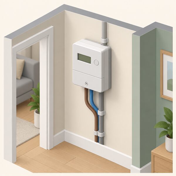 A compact smart electricity meter mounted on an interior wall of a home, shown in a simple isometric cutaway with its plain display and connecting cables, standing as the device whose consumption data the household can choose to share.