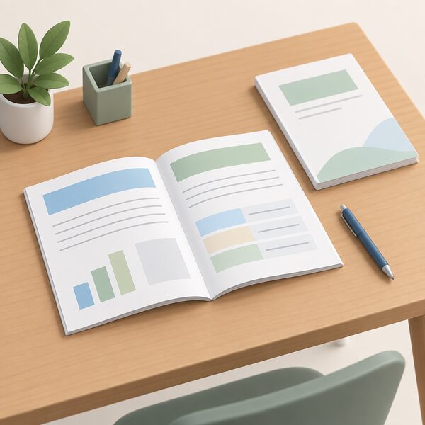 A printed consultation document lying open on a wooden desk, its pages showing plain colour bands and blank lines where the impact assessment figures would be, with a second closed document and a pen beside it, and no readable text anywhere.