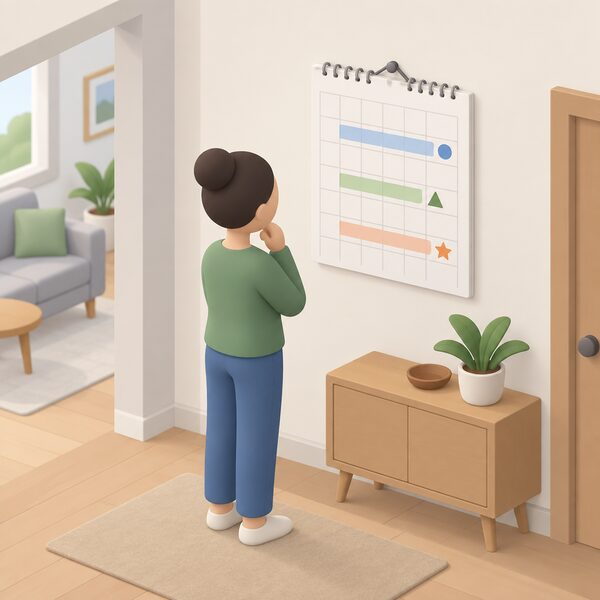 A wall calendar hanging in a home, its future months marked with plain colour bands and simple symbols indicating upcoming consultations and releases, with a simplified figure pausing to look at it.