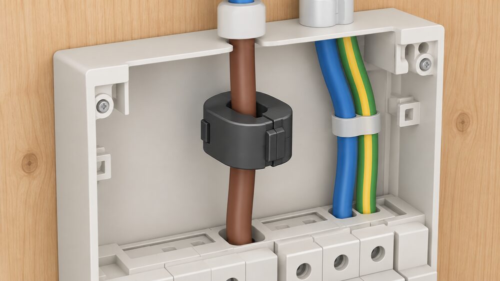 A close-up of a split-core current transformer clamp closed around a single live tail conductor inside a consumer unit, with the wooden backboard and neighbouring circuit conductors visible behind it and nothing else.