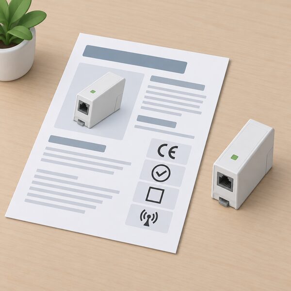 A printed datasheet page lying on a desk beside a small P1 monitoring module, with four plain certification marks shown as simple blank symbol blocks listed together in one column, no readable words or numbers.