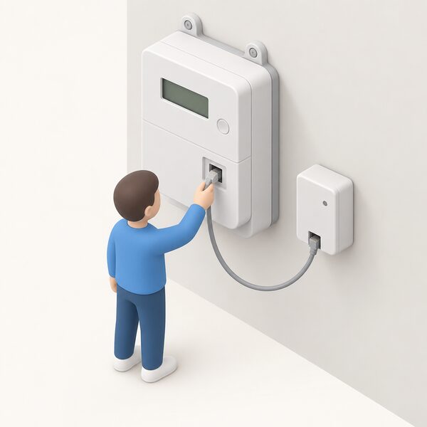 A small isometric figure plugs an RJ12 cable from a compact P1 module into the data port on the front of a wall-mounted smart meter, with no clamps or wiring tools present.