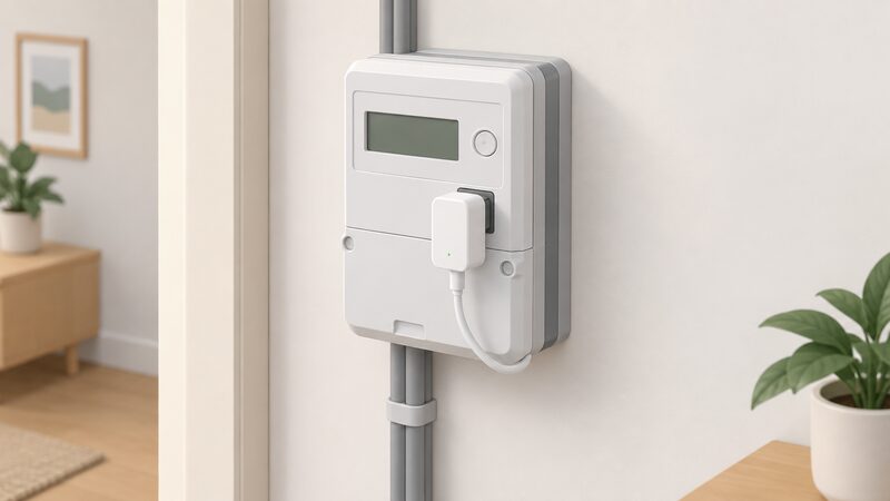 A small plug-and-play monitoring module plugged directly into the data port on the front of a digital smart electricity meter, with a short cable running from the module, shown in a simple isometric close-up of the meter mounted on an indoor wall.