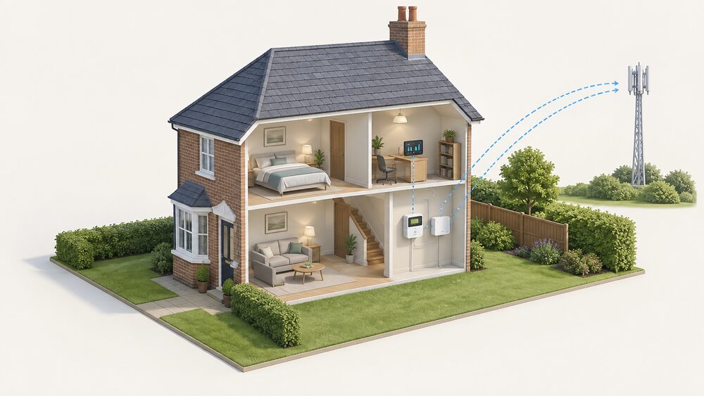 A cutaway house showing a smart meter and a communications hub on an inside wall linked to an in-home display, with the meter's data travelling by radio to a mobile mast standing in the distance outside the property.