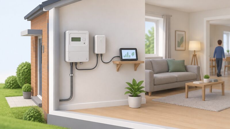 A communications hub mounted beside an electricity meter on an interior wall, with cables connecting the hub to the meter and to an in-home display nearby, shown in a simple cutaway of a home.
