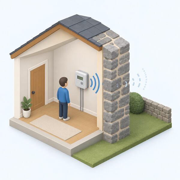 A small isometric figure stands beside a smart electricity meter mounted on an interior wall of a home, with thick stone walls shown between the meter and the outside, and faint broken signal waves fading at the wall to show readings cannot reach the network.