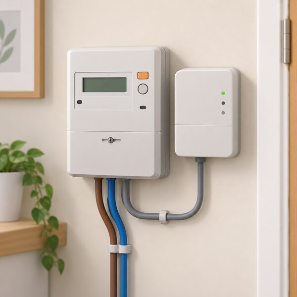 A first-generation smart electricity meter mounted on an interior wall of a home, shown as a plain meter unit with its attached communications hub, with no one present to reflect that migration happens remotely without a visit.