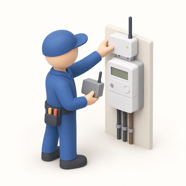 An installer's simplified figure swaps the communications hub on top of an electricity smart meter, holding the old 2G or 3G hub in one hand while fitting a new 4G-capable hub in its place on the meter.