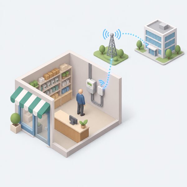 A small shop interior with a smart meter and its communications hub mounted on a wall near the electricity intake, a simplified isometric figure glancing at the meter, and a signal path travelling from the hub across a wide area network toward a distant supplier building.