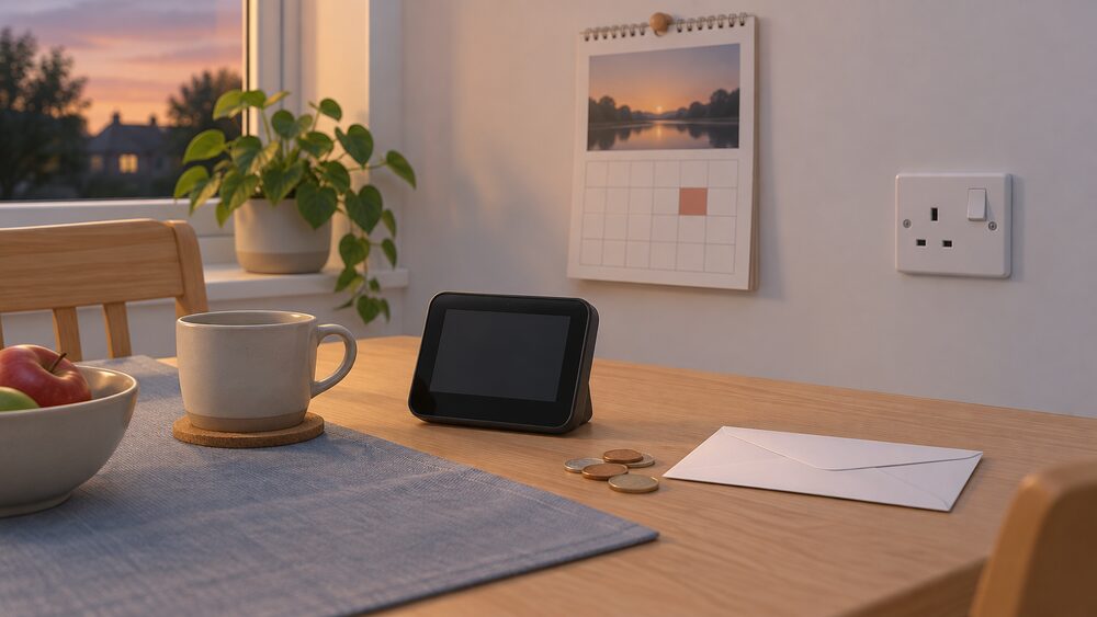 A kitchen table in the early evening with a smart meter display showing a blank screen, a wall calendar, a few coins and a blank envelope beside a switched-off plug socket, suggesting a household shifting its electricity use out of the peak window.