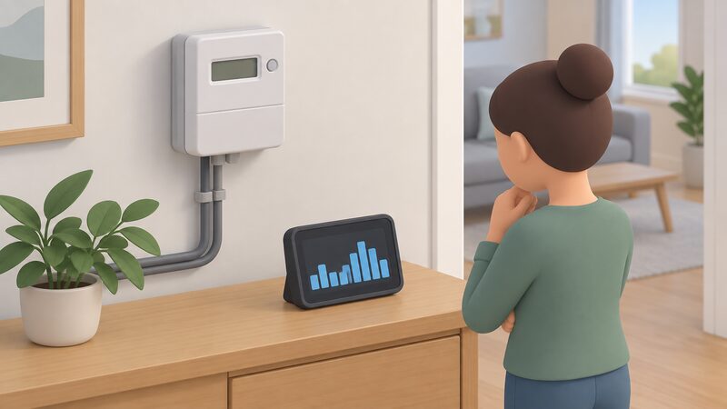 A domestic electricity smart meter on an interior wall with its in-home display nearby on a table, the screen showing a simple bar pattern of half-hourly electricity use, with a simplified figure glancing at the display.