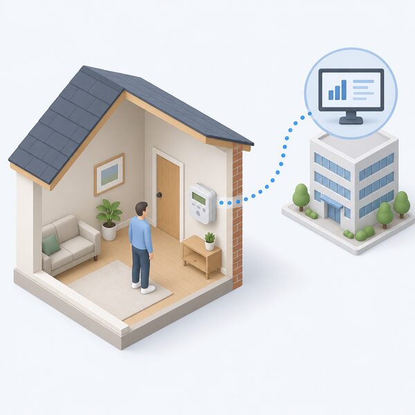 A small isometric indoor scene showing a smart electricity meter mounted on a wall inside a home, with a simplified signal path of dotted lines travelling from the meter through the wall to a provider's screen, illustrating half-hourly readings being sent.