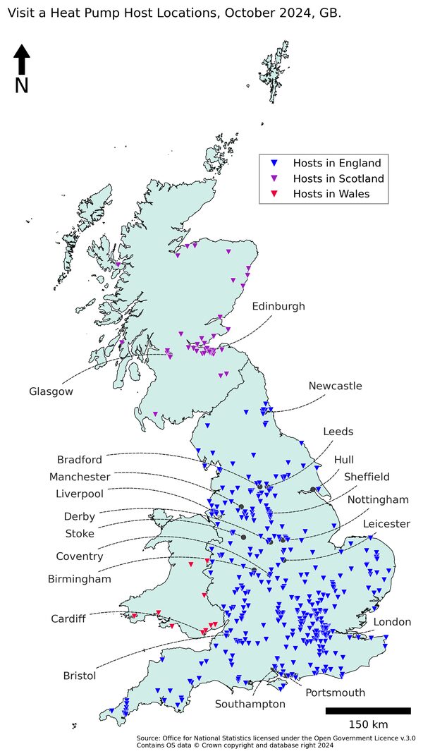 A map of Great Britain showing heat pump host locations in October 2024, with markers for hosts in England, Scotland and Wales and labelled cities