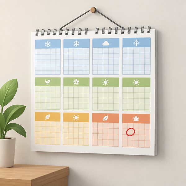 A wall calendar hanging on a plain interior wall, drawn as a physical object with a grid of blank day squares, where the winter months at the top are shaded in one plain colour and the remaining months are shaded in a different plain colour to show the service extending across the whole year, with one day square ringed in a bold marker.