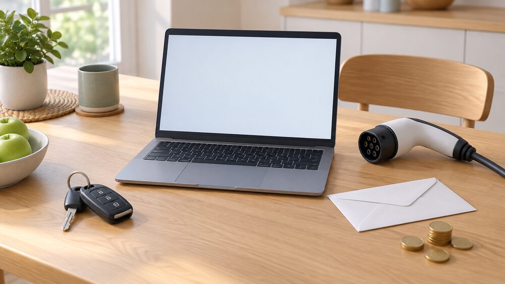 A small tabletop arrangement showing the app route to flexibility rewards: a laptop with a blank screen sits centrally beside a set of car keys and a charging cable plug, with a plain envelope and a few coins nearby, all on a kitchen table in daylight.