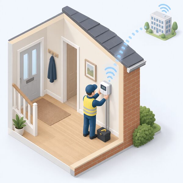 A small isometric figure of an installer fitting a compact smart electricity meter on an interior wall of a hallway, with the meter sending a simple signal arc upward and outward through the wall to represent half-hourly readings travelling over the secure smart data network to the supplier.