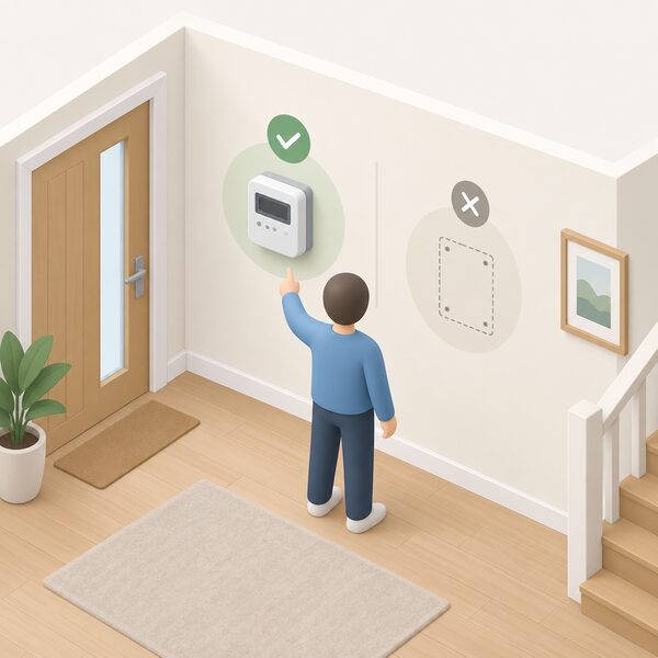 A simplified isometric figure stands in a home hallway beside a smart meter mounted on the wall, holding one hand toward the meter in a gesture of choice, with a second path shown as an empty wall space where a meter could have gone but was declined.