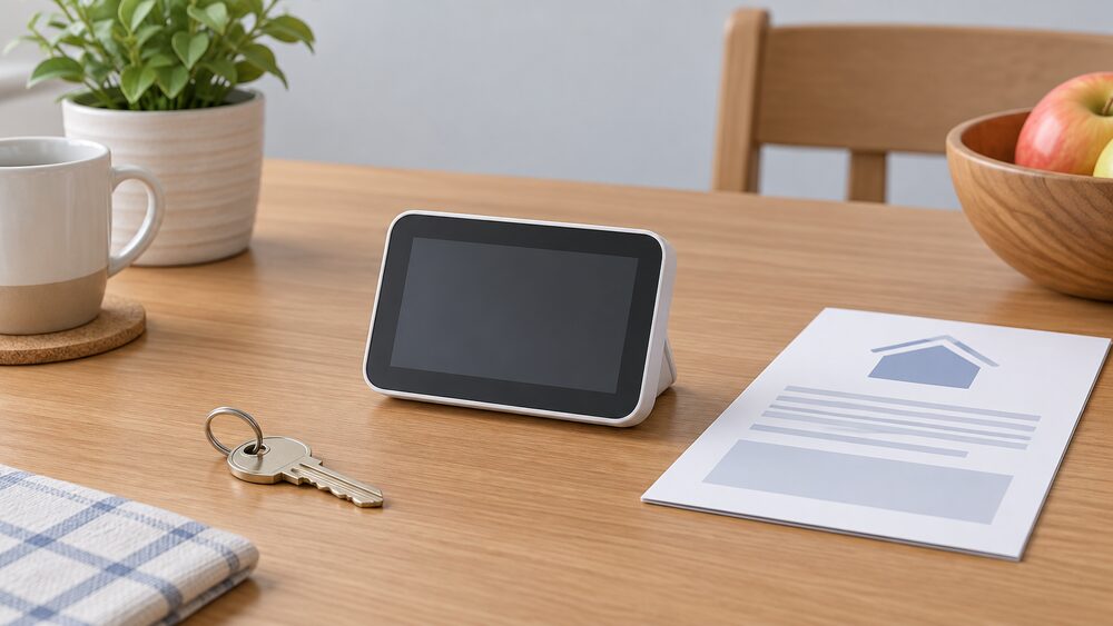 A small portable in-home display device with a blank screen sits on a kitchen table beside a smart meter installation leaflet-style blank paperwork sheet and a house key, suggesting the device handed over free at a meter installation visit.