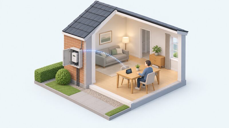 A cutaway view of a home showing the smart electricity meter installed in its meter cabinet on an outside wall, with a small isometric figure holding an in-home display on a table inside the room, a simple signal arc linking the two devices to show they are paired.