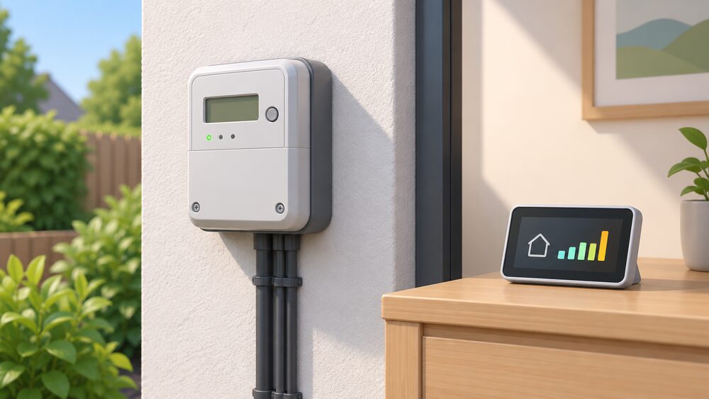 A close-up of a smart electricity meter mounted on an external wall, with its in-home display standing nearby showing usage, and no router, cables or broadband equipment anywhere in the scene.