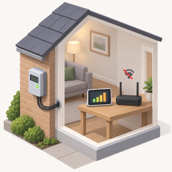A smart electricity meter mounted on a home's external wall with its cable entering the house, while inside a nearby room an in-home display on a table shows usage and a WiFi router sits switched off with its lights dark.