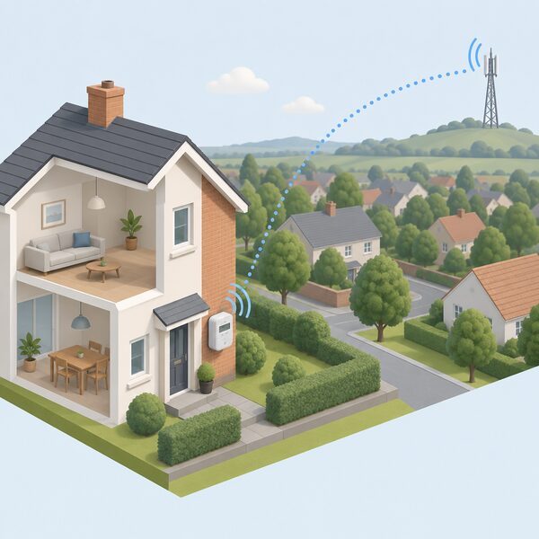 A smart electricity meter mounted on the outside wall of a house, shown in cutaway isometric view, with a simplified signal path of arcs or dotted lines travelling from the meter across rooftops and trees to a distant mobile or radio mast on the horizon.