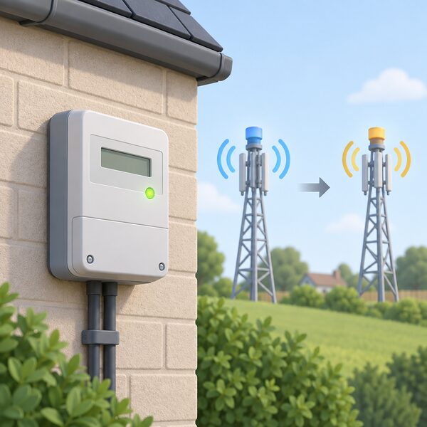 A smart electricity meter mounted on an outside house wall, shown with a simplified mobile signal tower behind it whose colour shifts from a 3G band to a 2G band, while the meter's small indicator light stays steadily lit to show it keeps working normally.