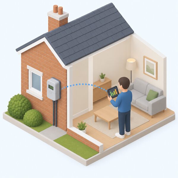 A smart electricity meter box mounted on the outside wall of a house with a small isometric figure of a householder inside the home holding an in-home display showing a simple bar of energy use, with no router or broadband equipment anywhere in the scene.