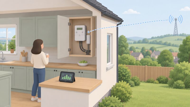 A cutaway kitchen cupboard containing a wall-mounted smart electricity meter with its small display screen, shown with no broadband router anywhere in the scene, and a simplified radio mast on the distant horizon representing the closed wide area network the meter sends readings to wirelessly.