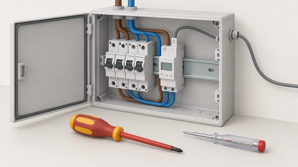 A close-up of an open consumer unit enclosure with a slim DIN-rail energy meter clipped onto the same rail as a row of miniature circuit breakers, thick load conductors wired in series through the meter, a Modbus cable leaving the enclosure, and an electrician's screwdriver and voltage tester resting below.