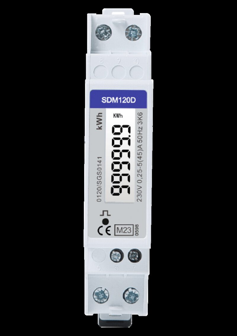 A white Eastron SDM120D single-phase DIN-rail kWh energy meter with digital display
