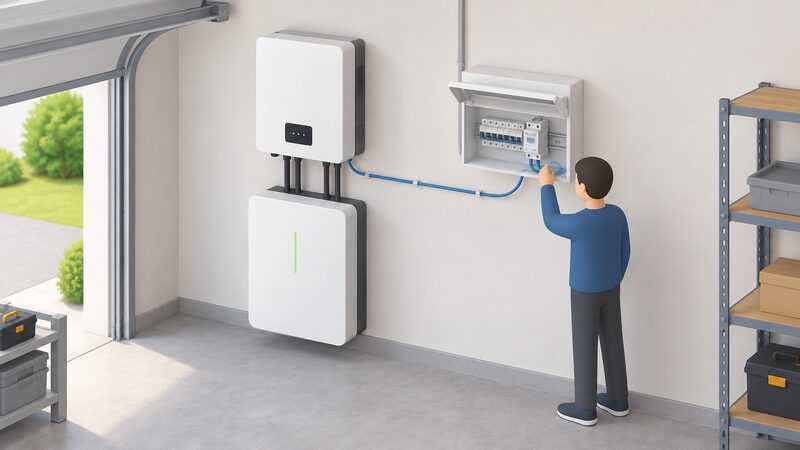 A garage wall with a wall-mounted solar inverter and battery unit, and beside the consumer unit a DIN-rail energy meter on the rail with a Modbus cable running from it toward the inverter, a simplified figure checking the connections.