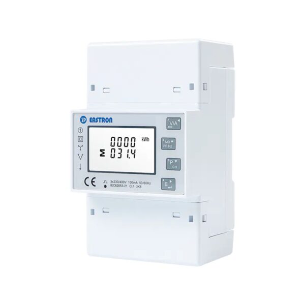 A white Eastron three-phase DIN-rail energy meter with LCD display showing kWh readings
