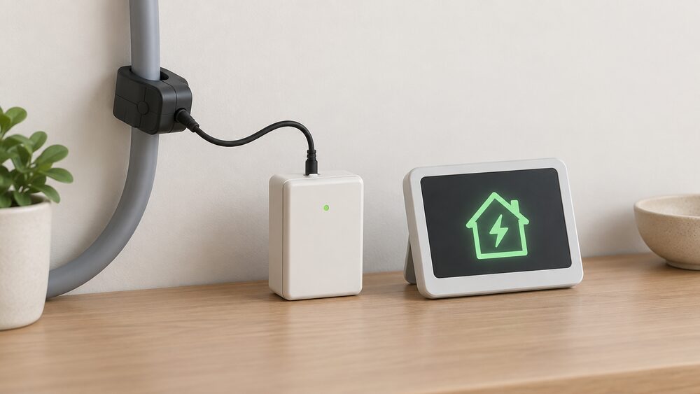 A close-up of an Eco-eye style electricity monitor setup: a small clip-on sensor fastened around the live cable tail at the electricity supply, its lead plugged into a small battery-powered transmitter beside it, and a separate display unit showing one simple glowing figure, all on a plain indoor surface.