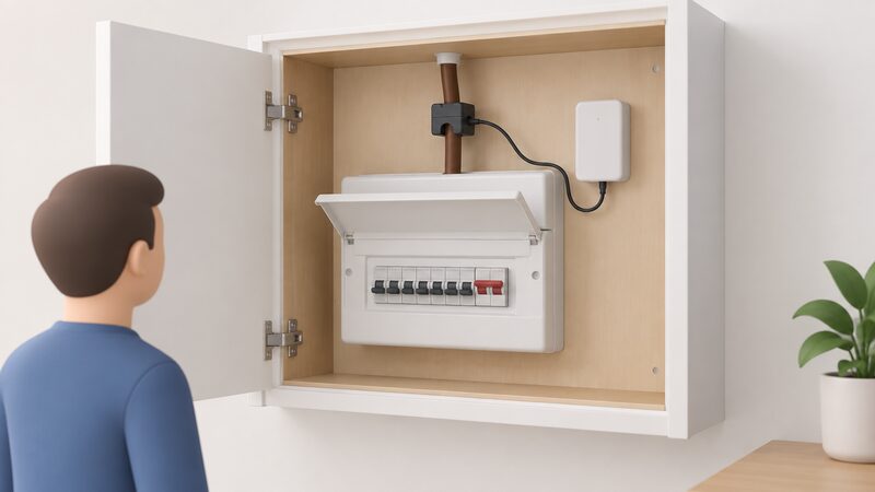 A simplified isometric view inside a domestic cupboard showing an open consumer unit with its live tail cable, a current transformer sensor clipped around that single live tail without cutting it, its lead running to a small battery-powered transmitter box mounted on the wall beside the unit.
