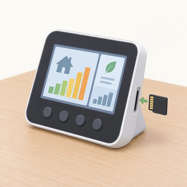 A standalone Eco-eye Smart display unit shown on a table, with its memory card slot visible and a small memory card being inserted or resting beside it, illustrating the logging feature that distinguishes it from simpler monitors.