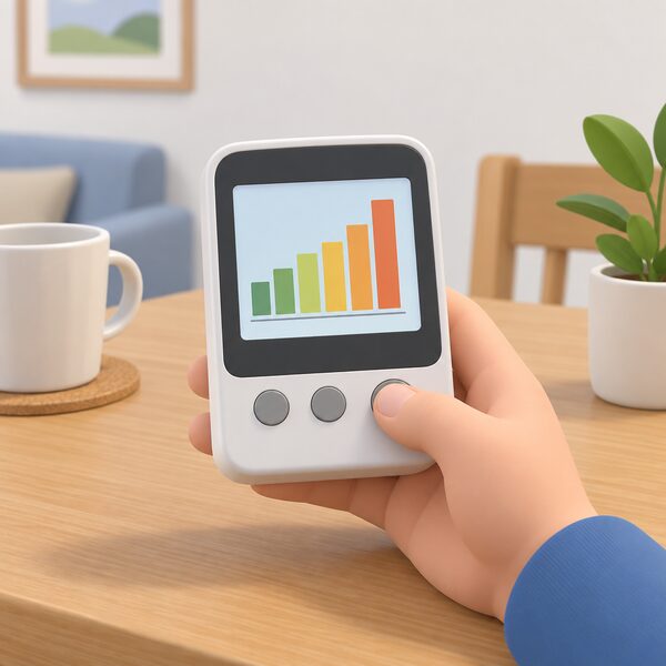 A hand-held Eco-eye style energy monitor display held in one hand with a thumb pressing a button, its screen showing a simple bar graph of past electricity usage as plain colour bands, on a table in a home setting.