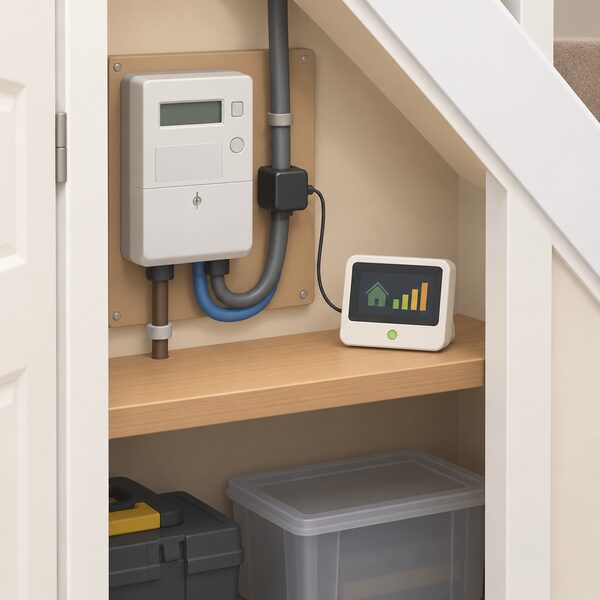A small standalone Eco-eye style energy monitor display unit sits on a shelf or ledge beside a domestic electricity meter inside a UK home, with its sensor lead running to the meter's incoming supply cable, showing the monitor as a separately purchased item rather than part of a smart meter installation.