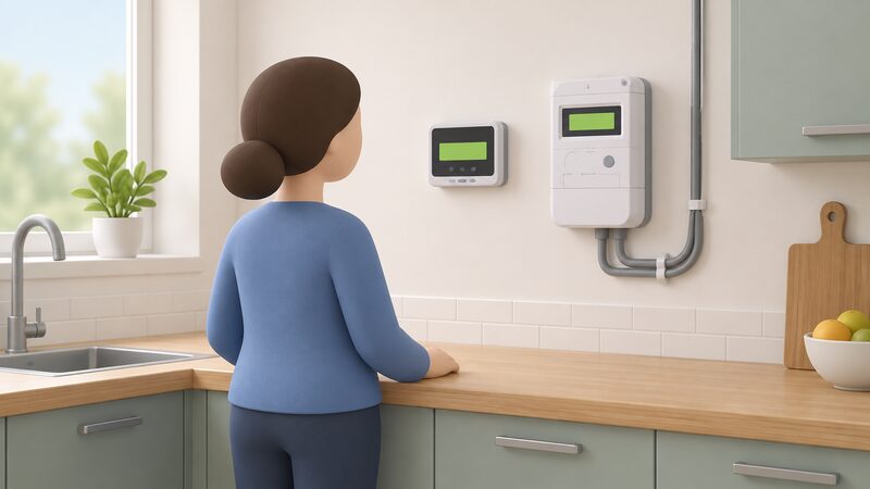 A kitchen wall with a smart prepayment electricity meter mounted on it and an in-home display nearby, both screens showing the credit balance as a plain colour band, with a simplified figure glancing at the display.