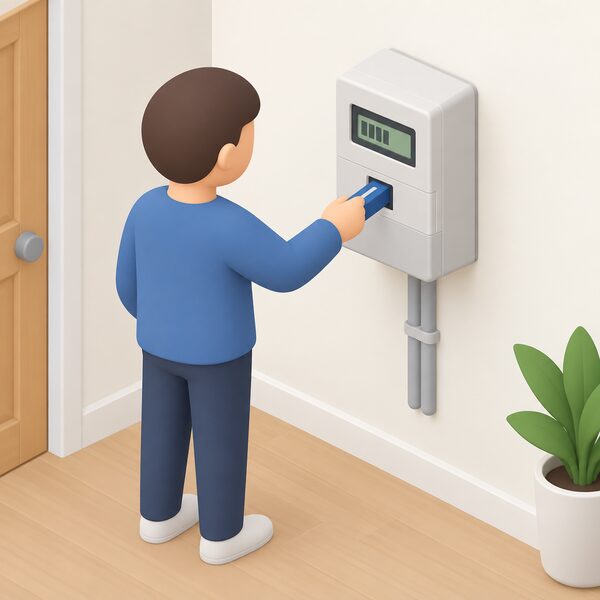 A traditional prepayment meter mounted on a wall in a home, with a simplified isometric figure inserting a key or smart card into its slot to top up credit, the meter showing a plain display of the remaining balance.