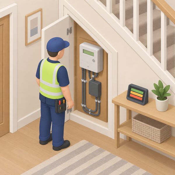 A small isometric figure of an installer standing beside a smart electricity meter fitted in a hall cupboard inside a home, with a separate smart energy display on a nearby shelf showing plain colour bands, the meter connected by cables to the household supply.