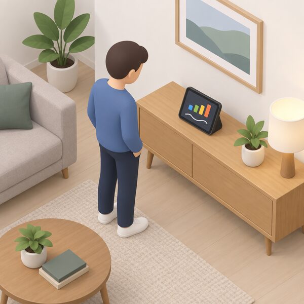 A small portable touchscreen in-home display standing on a shelf or table in a living room, its screen showing simple colour bars and a line graph of energy use, with a simplified isometric figure nearby glancing at it.