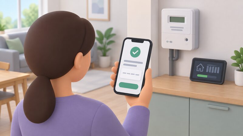 A hand holding a smartphone displaying a smart prepayment top-up confirmation screen, with the UTRN shown only as blank lines, set in a home with a smart prepayment meter and in-home display nearby.