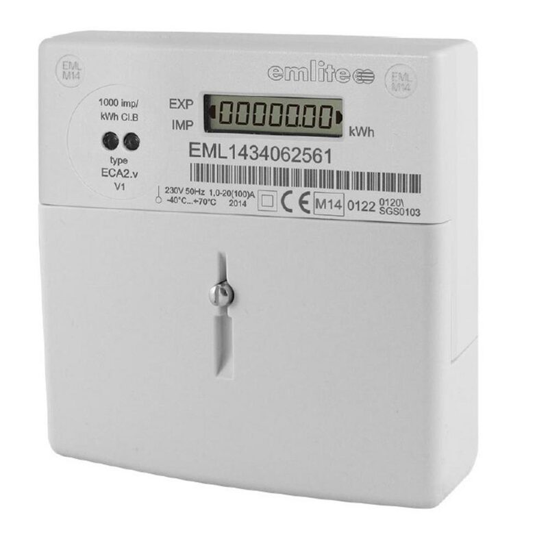 A white Emlite ECA2.V single-phase bi-directional generation meter with digital kWh display and barcode label
